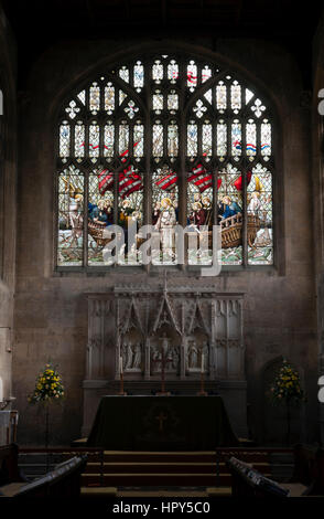 The altar and East Window, St. Peter`s Church, Winchcombe, Gloucestershire, England, UK Stock Photo